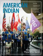 American Indian magazine cover featuring veterans in procession holding flags