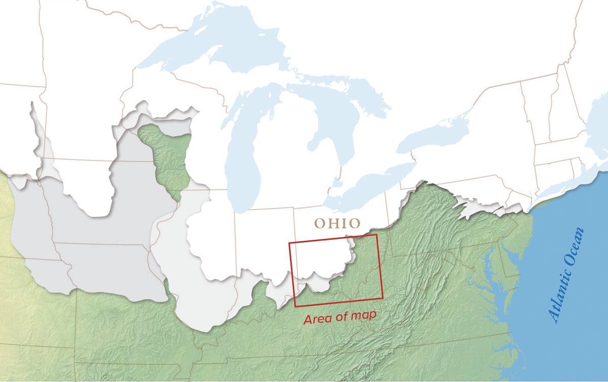 A map of northeastern United States transposed with ice sheets from 2.5 million years ago.