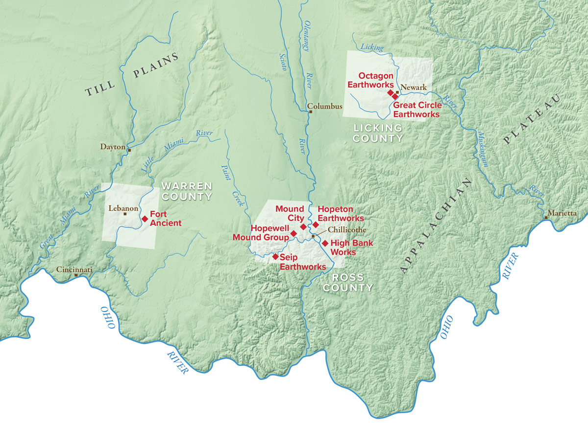 A map of the hopewell mounds over present day Ohio