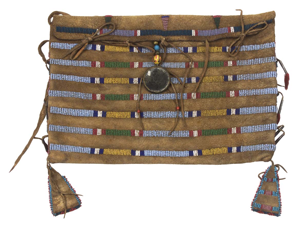 Brown leather bag with patterned alternating blue/yellow and blue/green bead work.