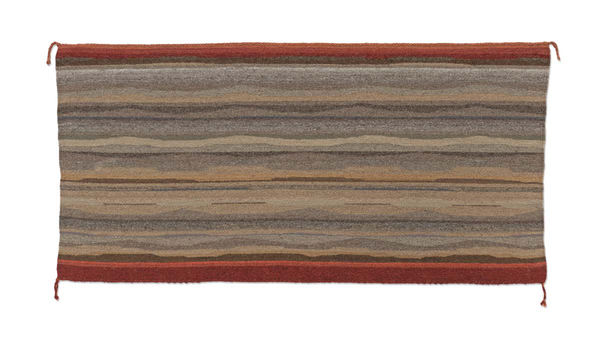 Woven wool tapestry with red, brown, tan, and gray stripe patterns.