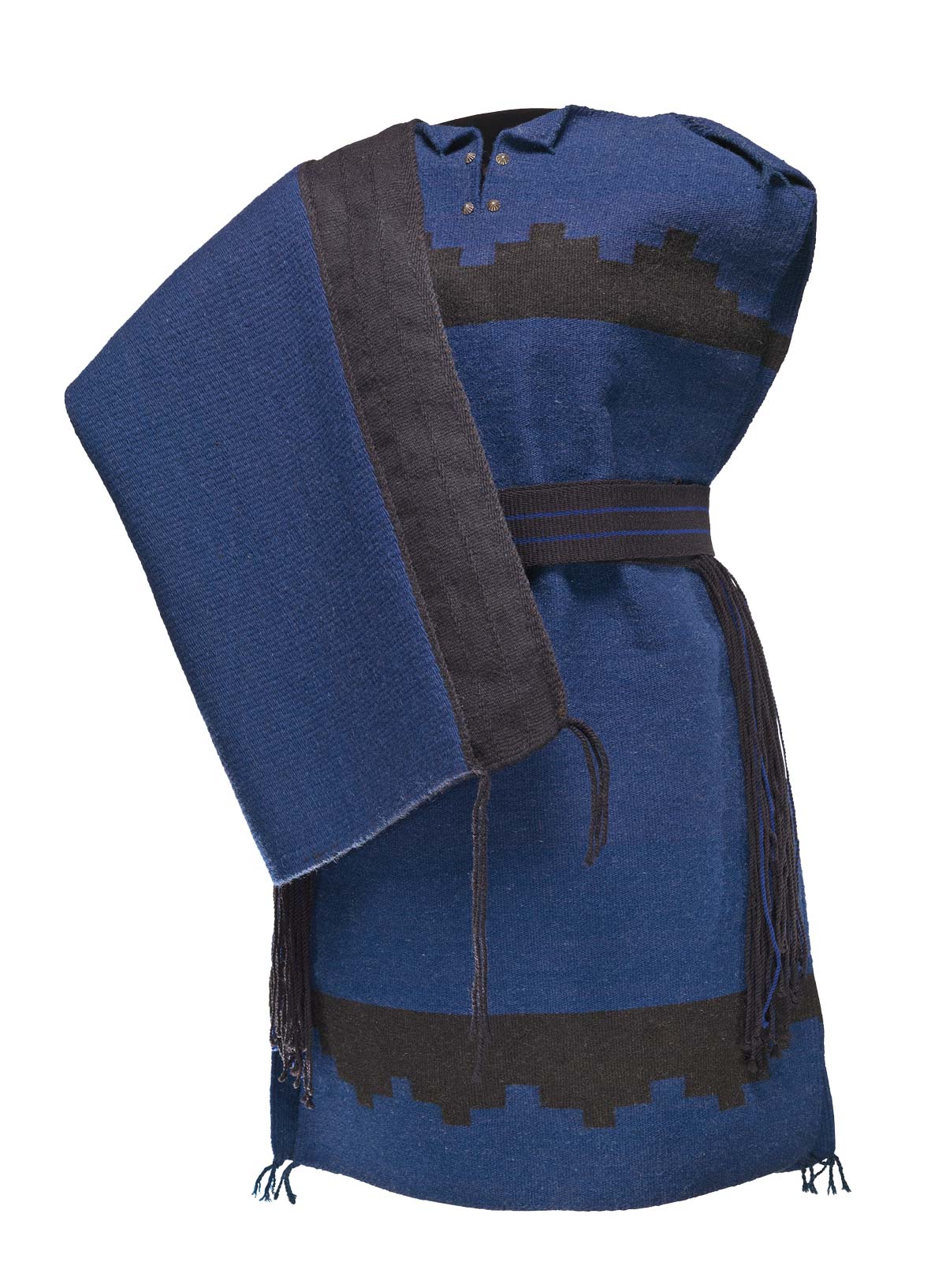 Woven two panel blue dress trimmed with black geometric patterns.