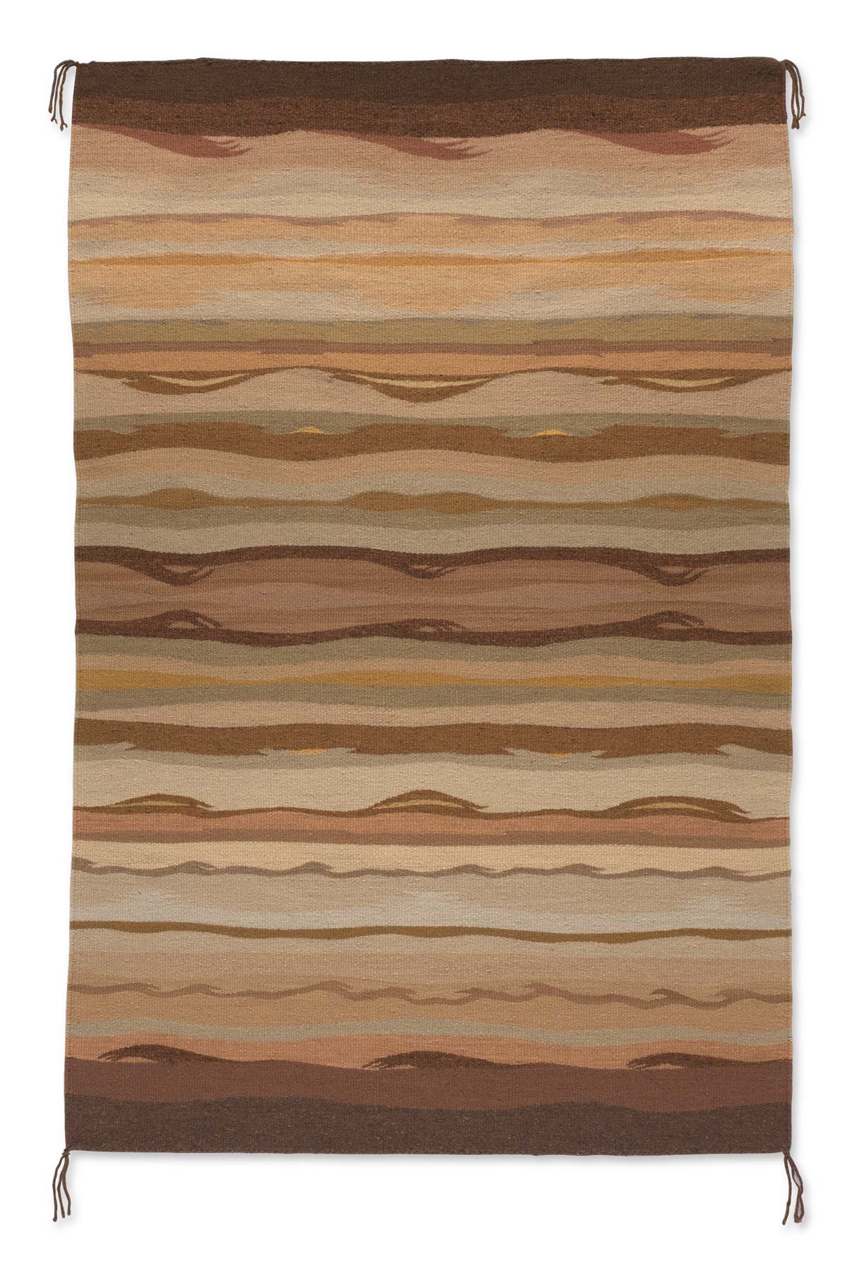Woven wool tapestry with alternating light and dark brown stripes in a wave pattern.