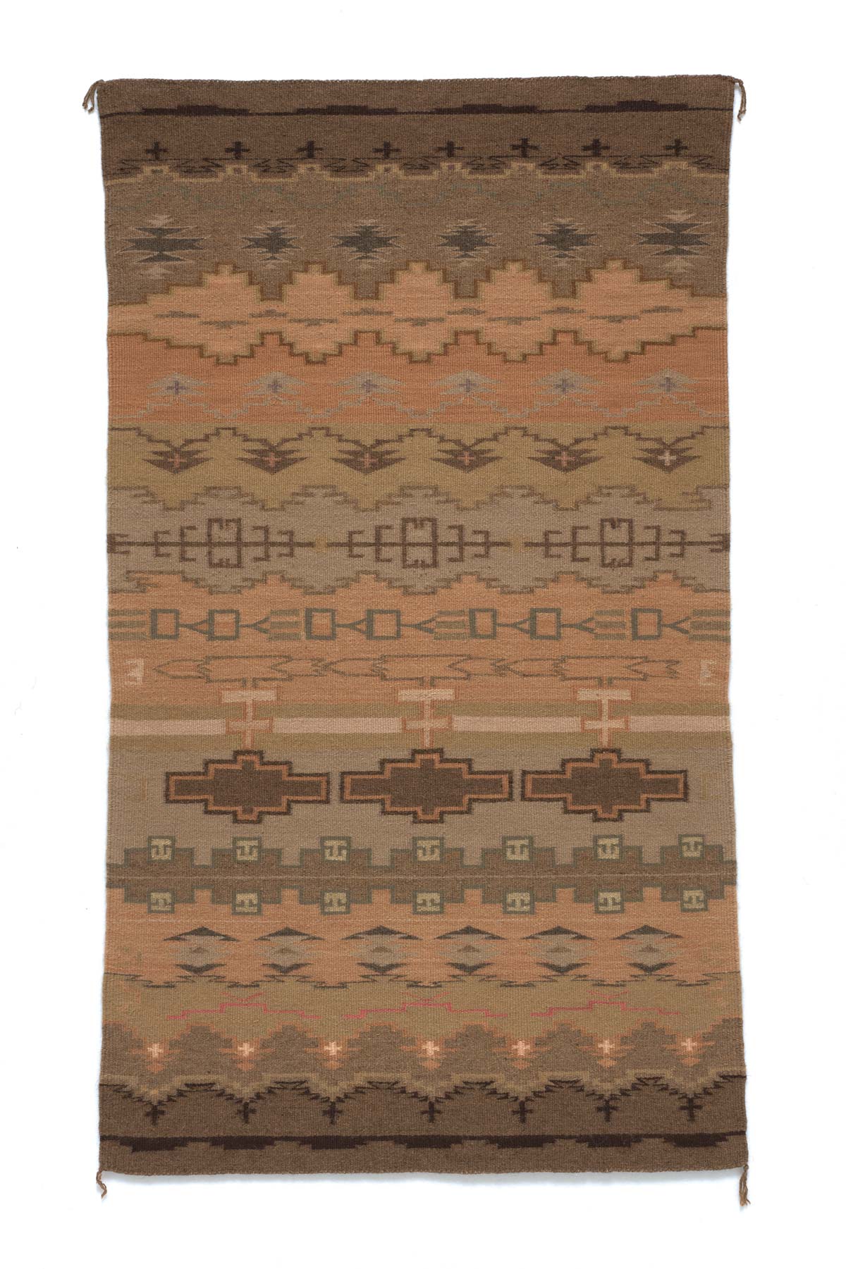 Woven wool tapestry patterned with brown shapes.