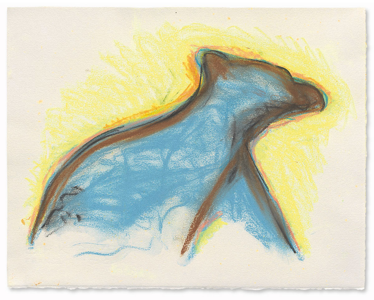 A pastel of a blue bear with a yellow and orange glow.
