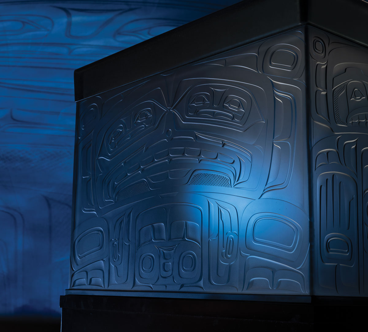 The moon box, illuminated with blue light