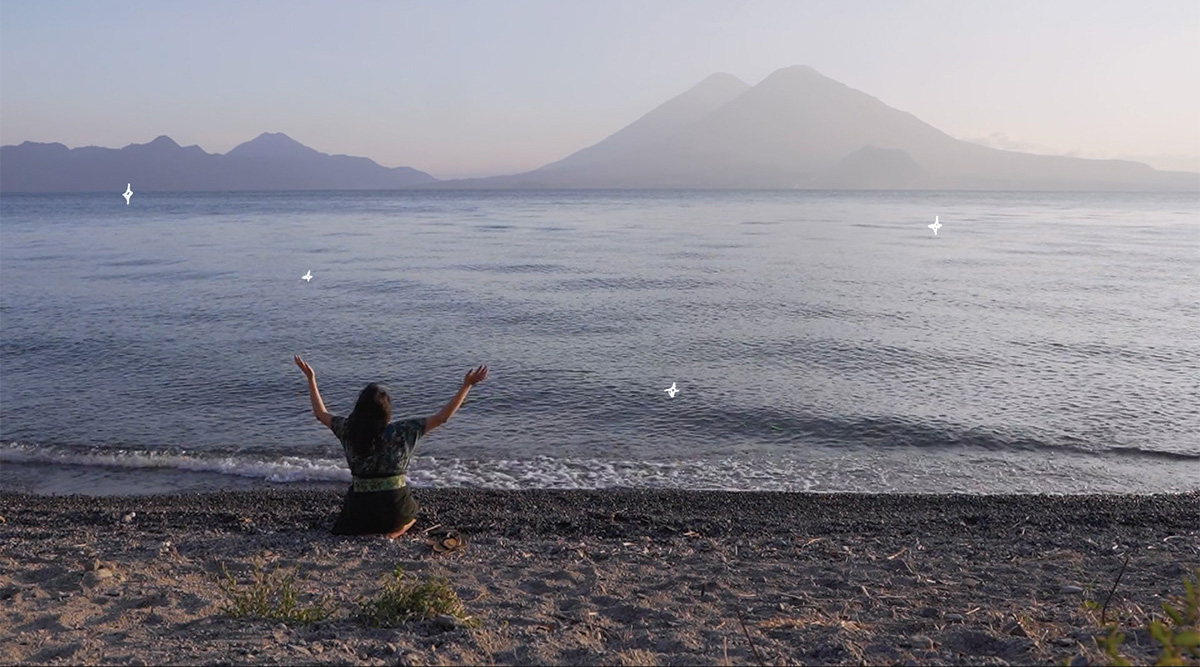 A woman kneels at a lakeshore with her arms raised; animated hummingbirds in the air around her