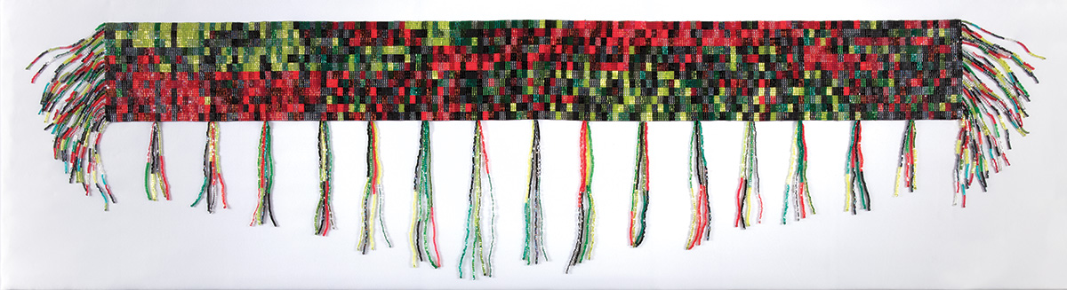 A red and green beaded artwork with a complex pattern of rectangles