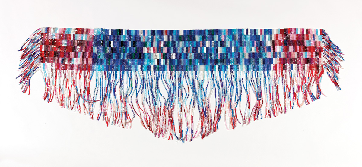 A red and blue beaded artwork with a complex pattern of rectangles