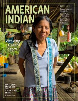 Magazine cover with woven belts draped over a person's shoulders.