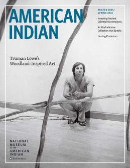 American Indian Winter 2025/Spring 2026 featuring a black and white image of Truman Lowe sitting amongst his art.