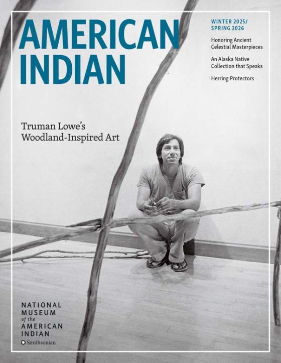 American Indian Winter 2025/Spring 2026 featuring a black and white image of Truman Lowe sitting amongst his art.