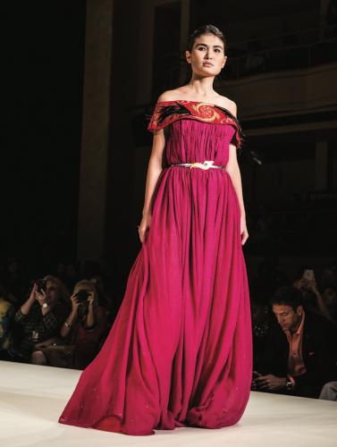 Cochineal hand-dyed silk, hand beaded, hand embroidered in gold, handsewn...