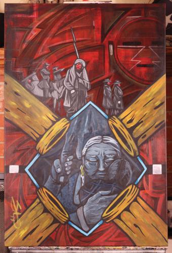 B.J. Stepp (Cheyenne), Where Does God Fit Into Our Mission?, acrylic on canvas, 
