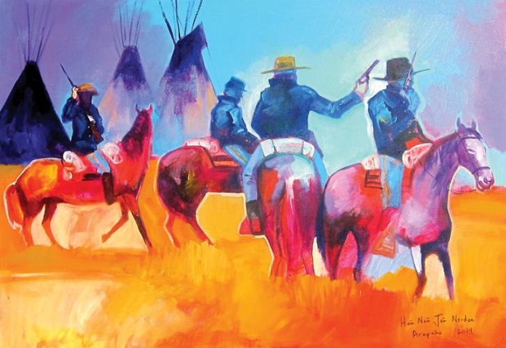 Brent Learned (Arapaho), Following Orders, acrylic on canvas, 30" x 40", 2014.