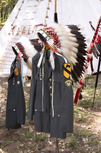 Eagle-feather war bonnets adorn U.S. military uniform jackets