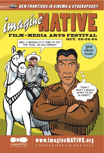 imagineNATIVE Film Festival catalogue cover, 2004. Design by David Beyer (Cree).