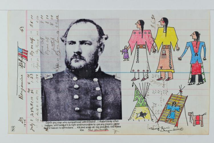 George Levi (Cheyenne), Chivington and Cheyenne Youth, mixed media antique ledge