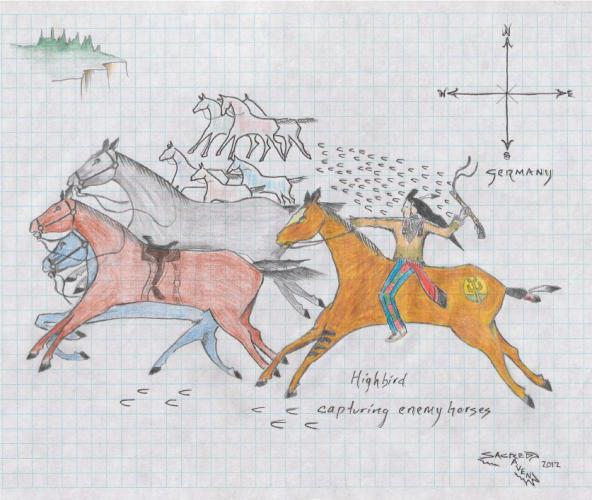 Illustration of Highbird Capturing Enemy Horses by Chester Medicine Crow