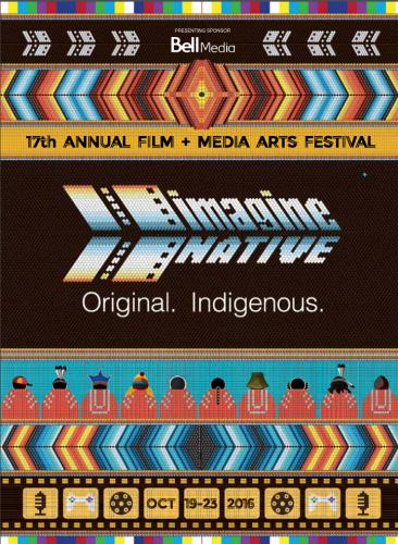 imagineNATIVE Film Festival catalogue cover, 2016. Design by Beehive Design.
