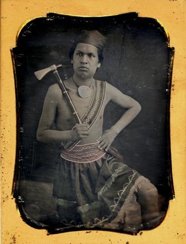 Black and white portrait of (Isaac) Newton Parker with gold border