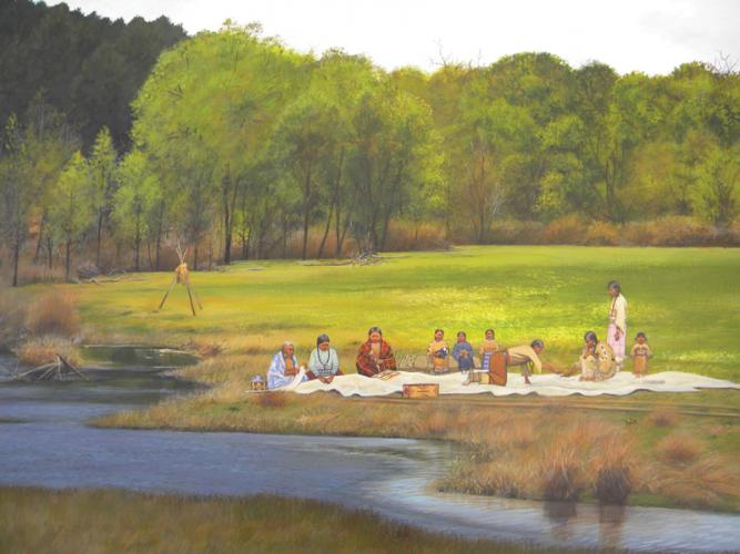 Merlin Little Thunder (Cheyenne), Mending Lodges, acrylic on 100 percent cotton 