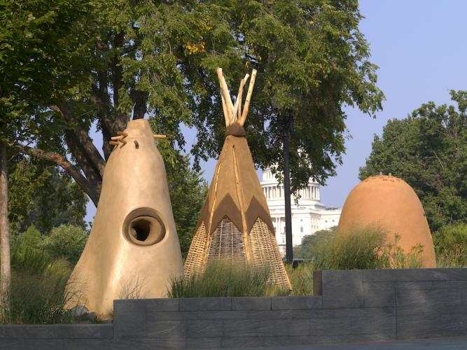 outdoor clay sculpture titled "Always Becoming" by artist Naranjo-Morse