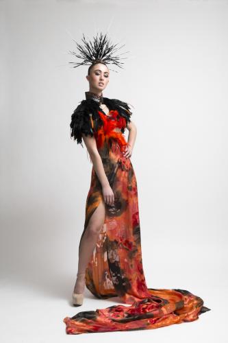 Orlando Dugi (Diné). Cape and dress from Desert Heat Collection, 2012. Paint...