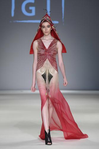 Orlando Dugi, The Red Collection. Cochineal dyed silk organza, feathers...