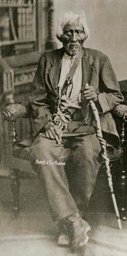 John Smoke Johnson (Mohawk), the Grand River Reserve warrior credited with burning Buffalo in the War of 1812, in a photograph from 1882 of surviving veterans of the war.