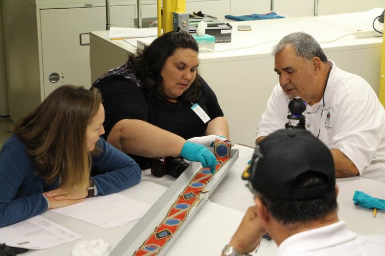 Left to Right: NMNH curator and director of Recovering Voices Gwyneira Isaac, Chantel Comardelle, Wenceslaus Billiot, Jr., Chief Albert Naquin