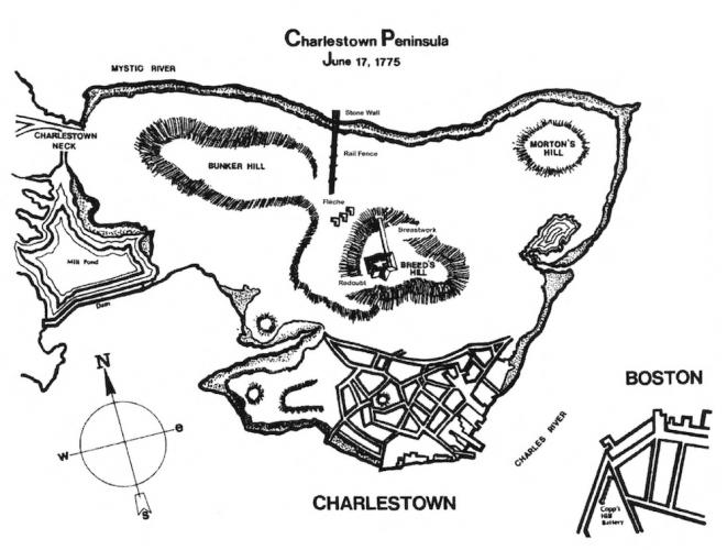 National Park Service map of Bunker Hill and Breed's Hill battleground north of Boston.