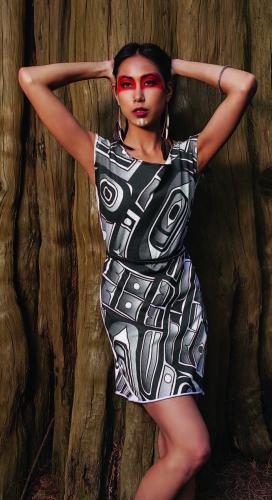 Jessica Rose Dombro wearing the white and black Chilkat tunic