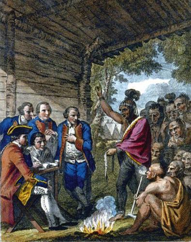 The Indians giving a talk to Colonel Bouquet in a conference at a council fire, near his camp on the banks of Muskingum in North America in Oct. 1764