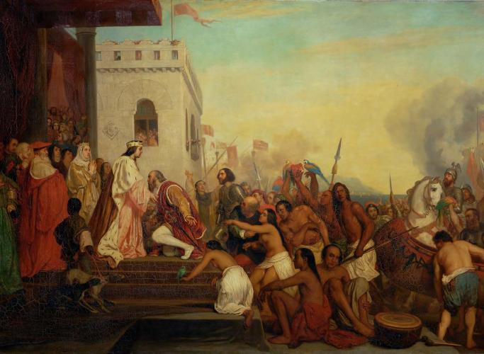 Joseph-Nicolas Robert-Fleury (1797-1890). The reception of Christopher Columbus by King Ferdinand II and Queen Isabel of Spain in Barcelona, 1847.
