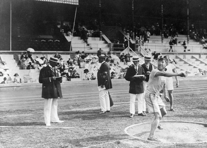 Thorpe in the shot-put phase of the decathlon at the 1912 Stockholm Olympics.