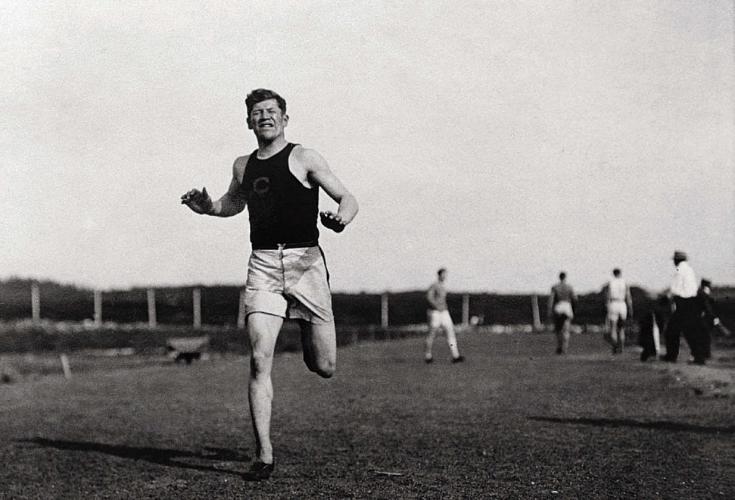 Jim Thorpe wearing a Carlisle jersey while training at 1912 Stockholm Olympics