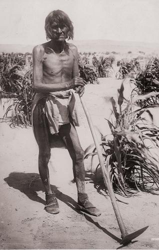 Man holding a hoe circa 1900