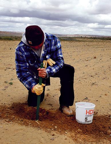 Man using digging sticks to plant seeds