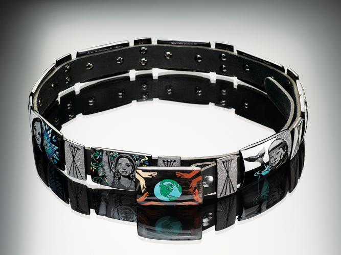 Lakota artists Kevin and Valerie Pourier’s concha belt, “Winyan Wánakikśin” (Women Defenders of Others)