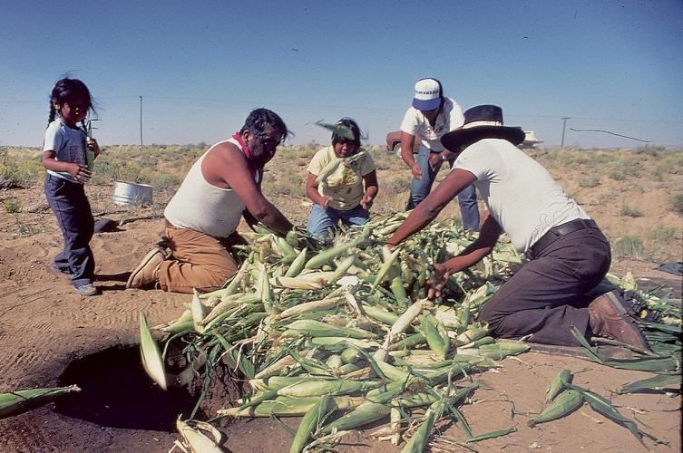 Quavehema family, circa 1980 placing corn in deep fire pit