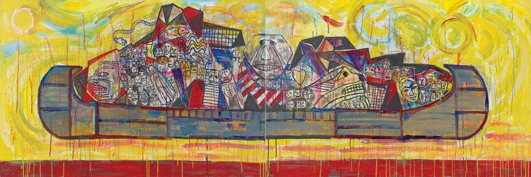 Jaune Quick-to-See Smith’s 3-by-10-foot “Trade Canoe: Adrift”