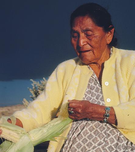 Helen Sekaquaptewa, circa 1980, shucking corn