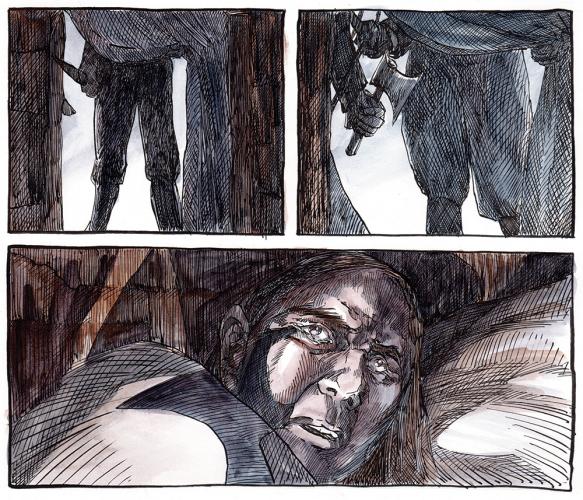 Illustration of Paxton Boys murdering several inhabitants of the Conestoga's village