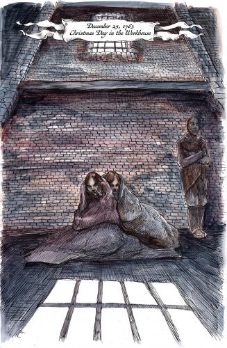 Illustration of Conestoga people in "protective" custody in a Lancaster workhouse