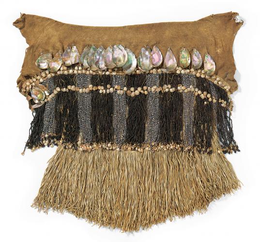 Wiyot dance dress, ca. 1880-1910, animal hide, shell, seeds, glass beads and bear grass, 40" x 45"