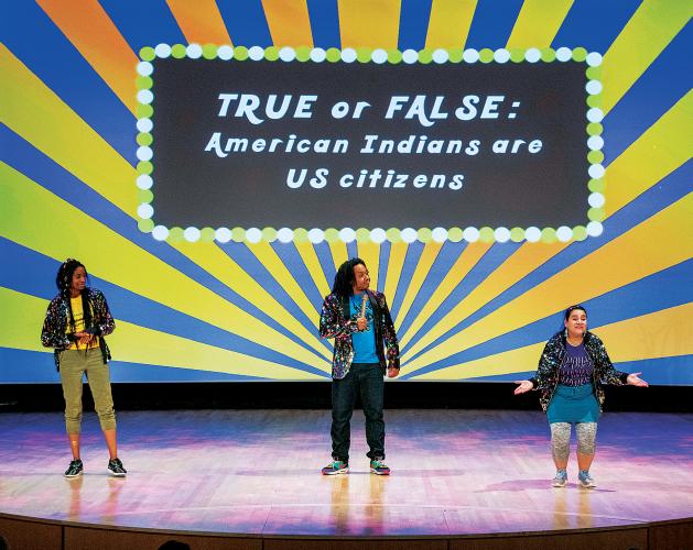 actors standing in front of projection that reads "True or False: American Indians are US Citizens"