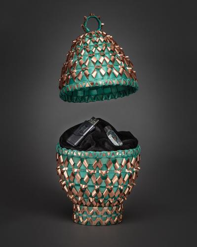 Kelly Church’s “Sustaining Traditions-Digital Teachings” black ash basket evokes a Fabergé egg