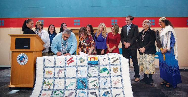 Wiyot Tribal Chair Ted Hernandez singing quilt