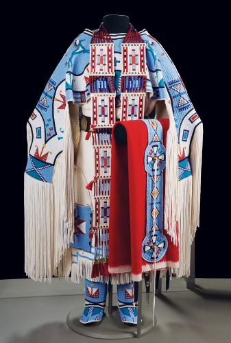 “Give Away Horses,” traditional Dakota/Nakoda regalia composed of a dress, blanket, breast plate, leggings and moccasins